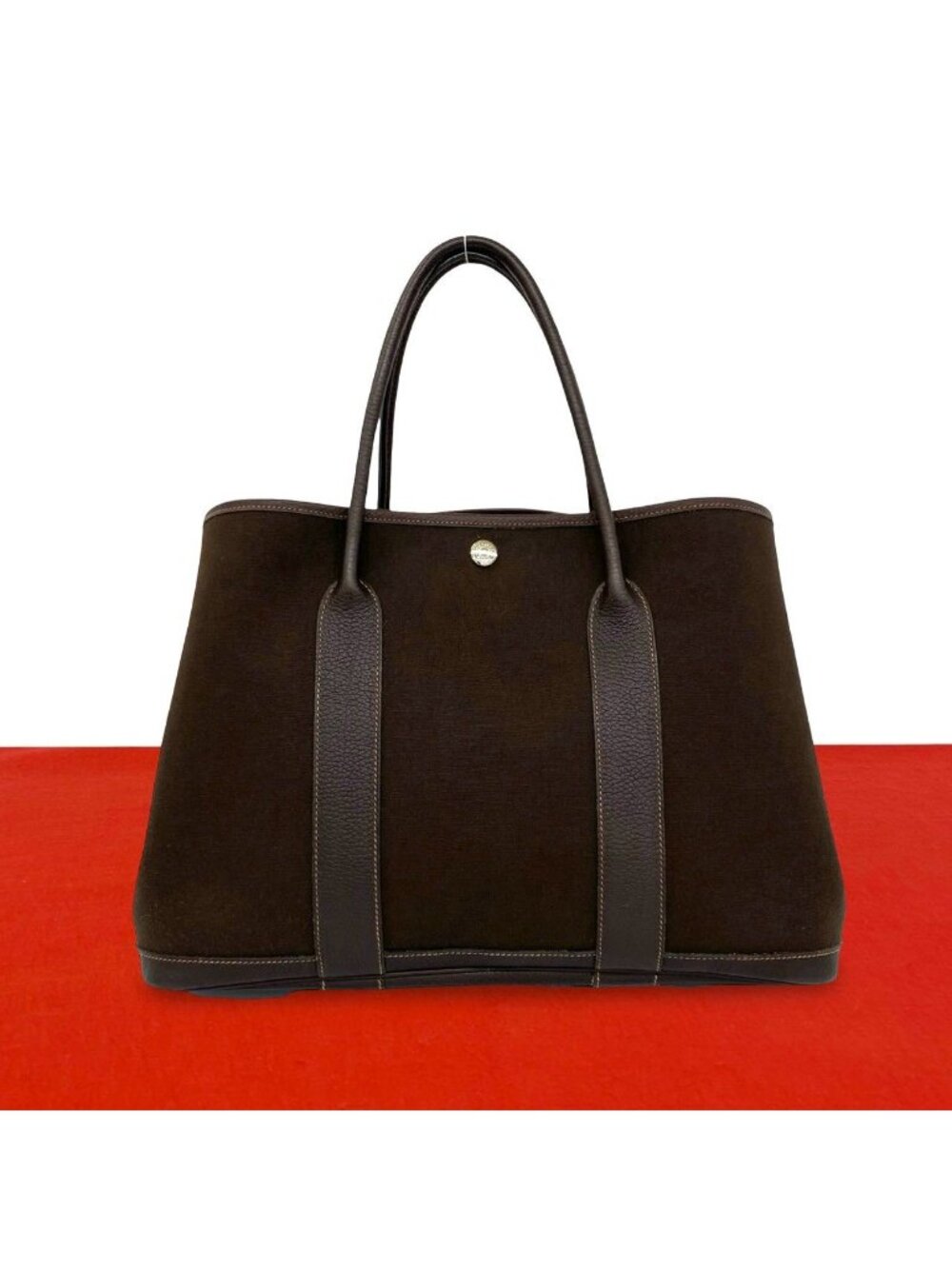 Hermes Garden Party PM Toile H Buffalo Leather Handbag Chocolat Brown
